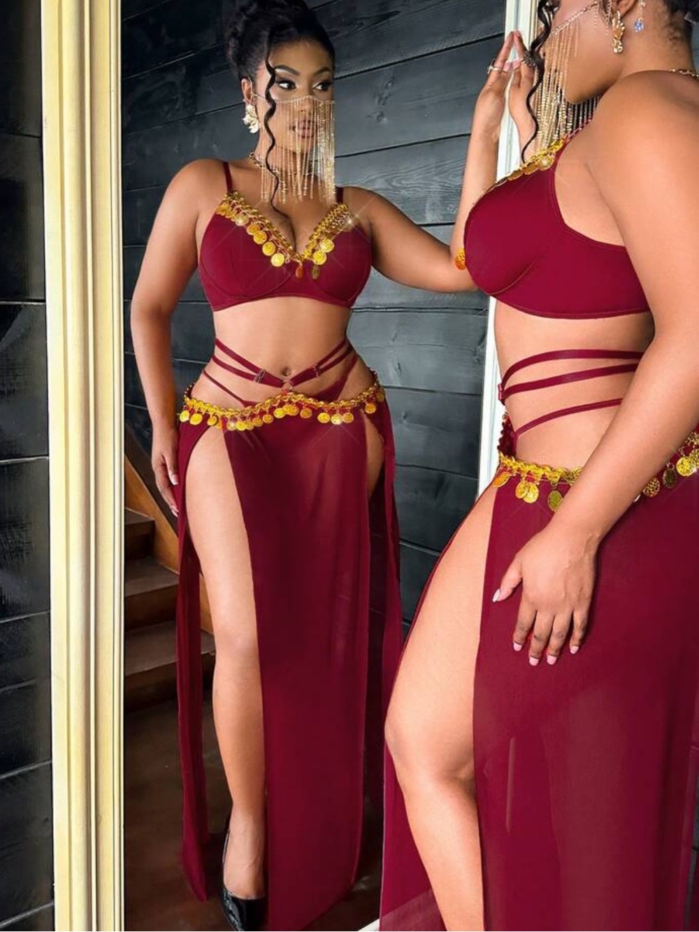 Sexy Burgundy Maxi Skirt - Exotic Dance Costume/ Fantasy 3Piece Set